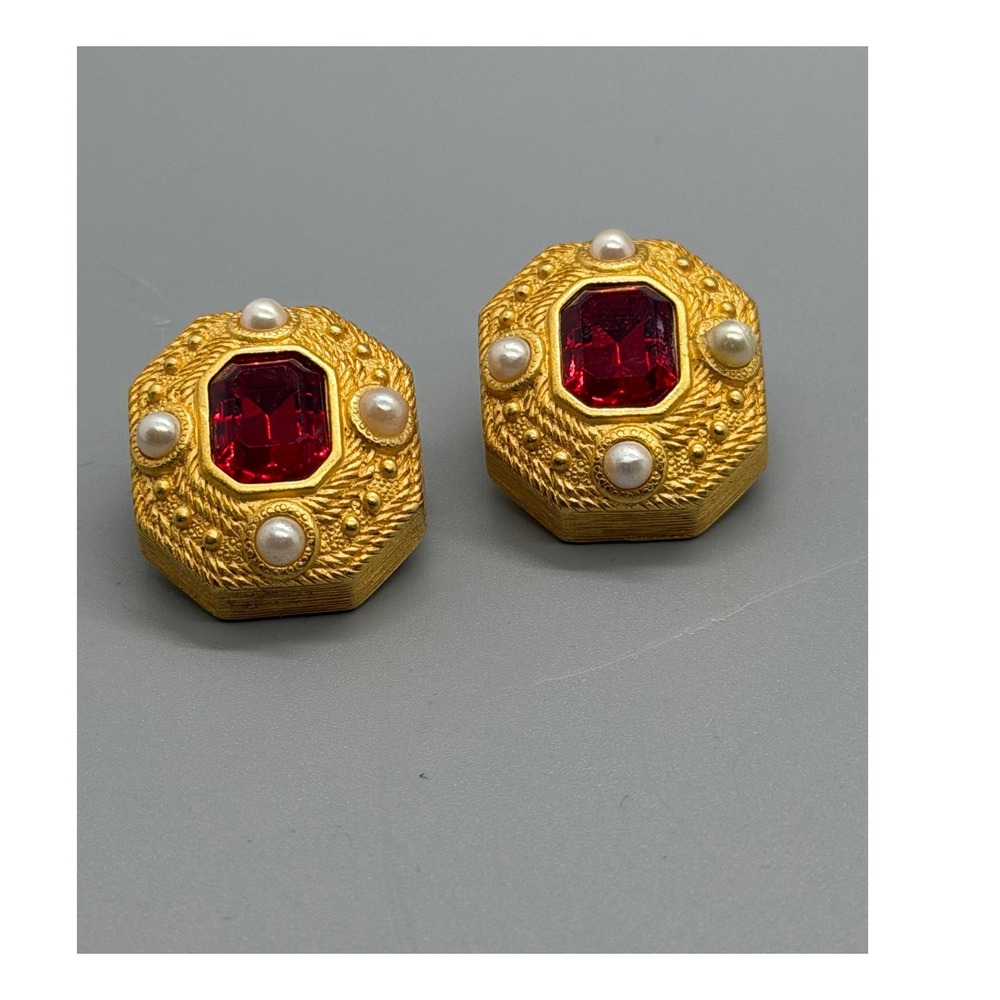 Joan Rivers Clip On Earrings Matt Gold Tone Red Faceted Center Imitation Pearls